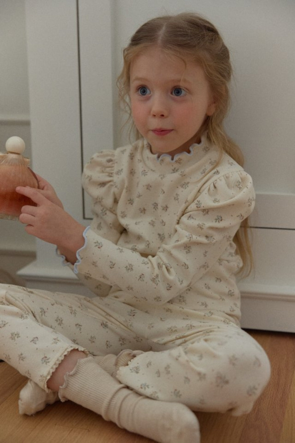 法式花邊澎袖碎花家居服